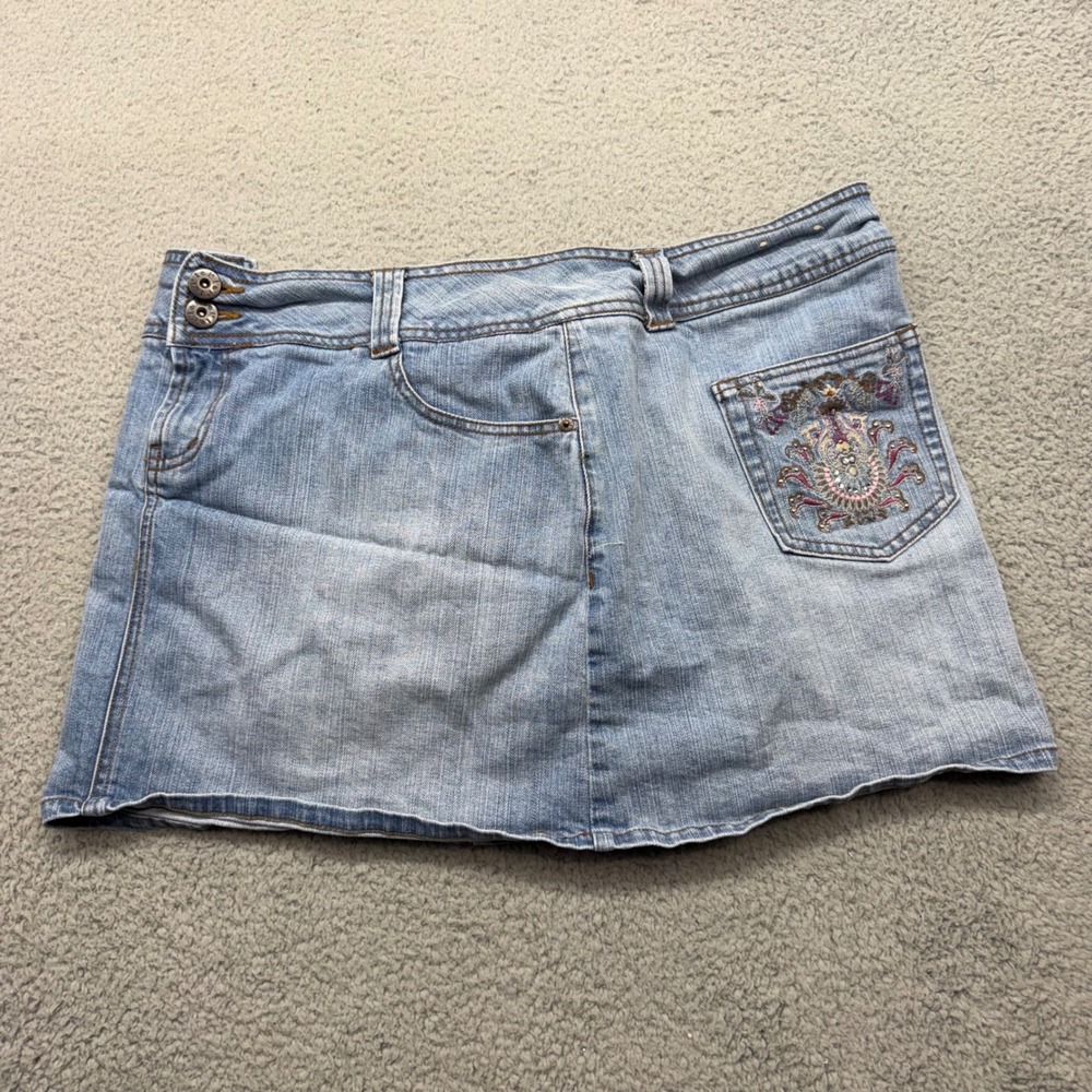 L.E.I. SLYH43520A Womens 16 Blue Denim Skort Sophia Hip Hugger Embroidered Y2K - Picture 10 of 11